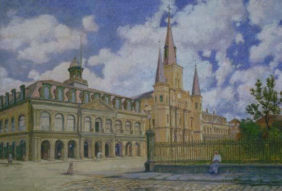 William Woodward Painting of view of Jackson Square French Quarter of New Orleans, oil painting picture